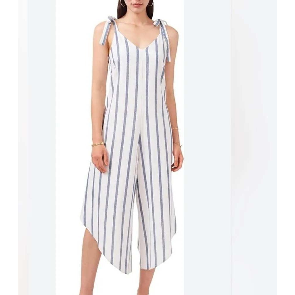 MSK Striped Jumpsuit Large White Blue Linen Blend Tie Shoulder Wide Leg Coastal